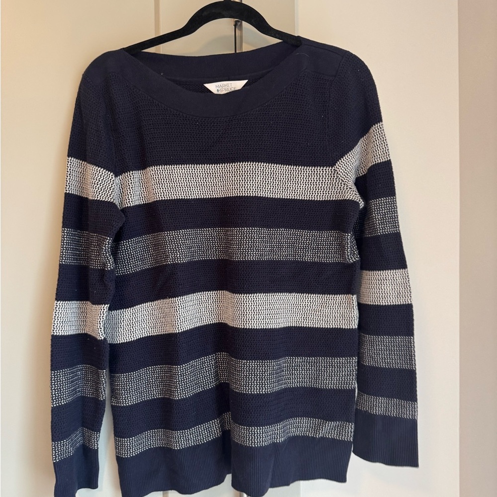 Market & Spruce Navy and Cream Striped Crew Neck Sweater